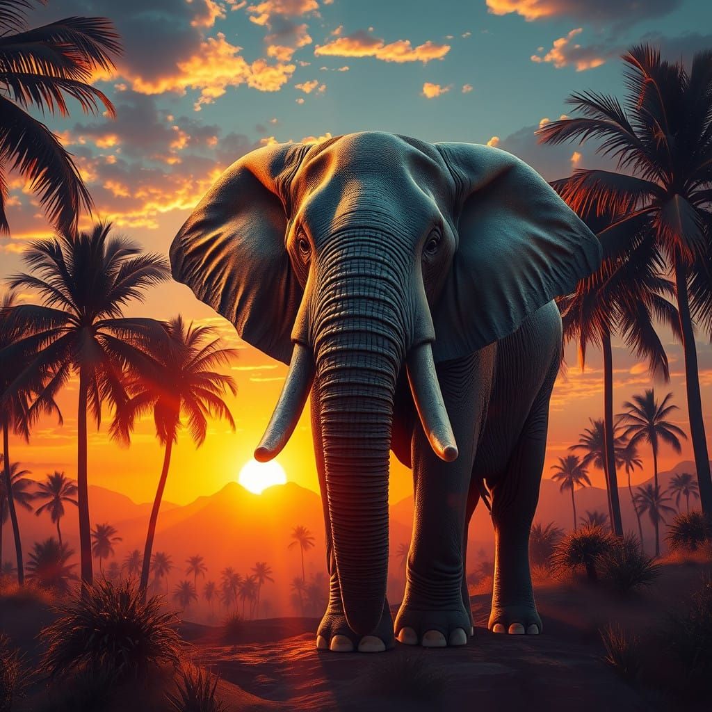 Surreal Elephants in Palm Trees Amidst Sunset Mountains