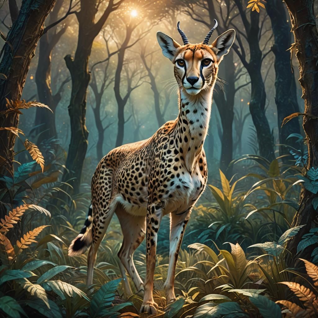 Mystical Gazelle-Cheetah Hybrid in Ornate Forest