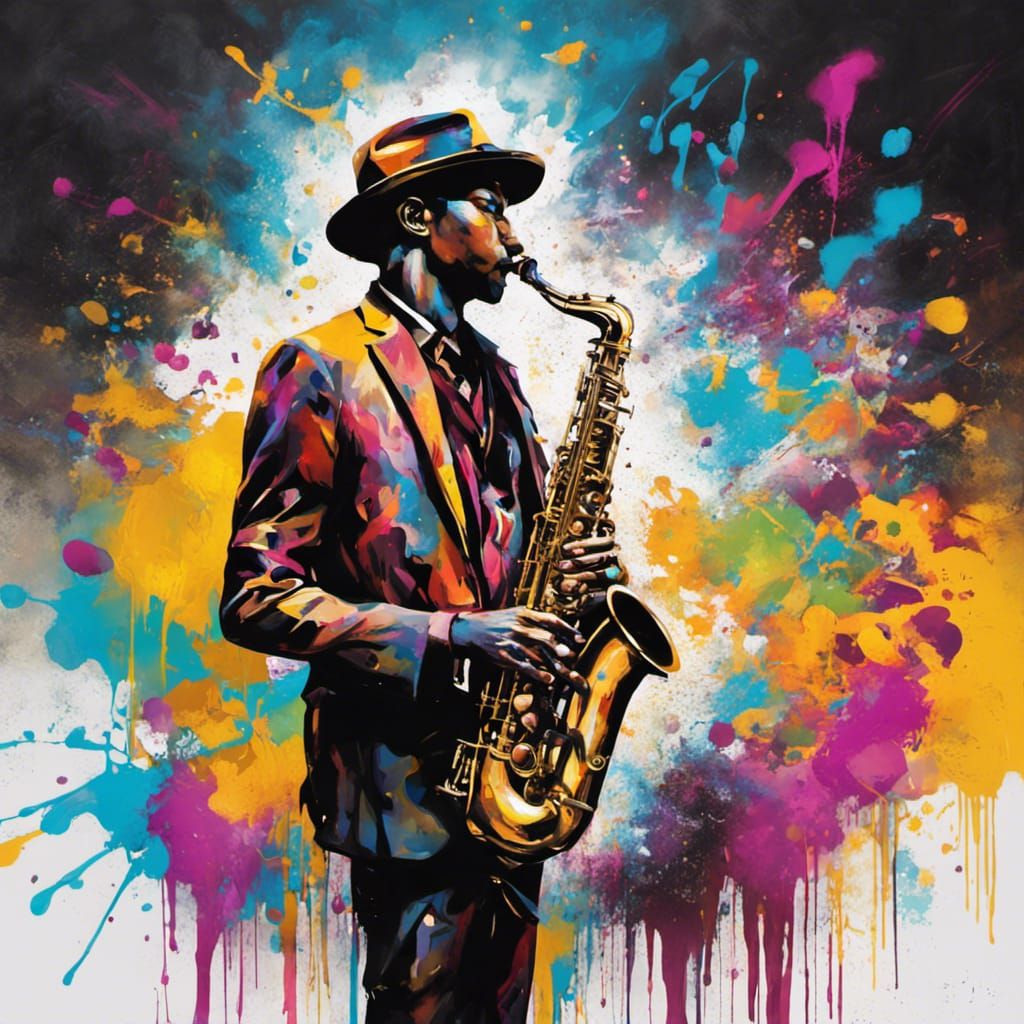 Saxophonist in Nightclub: Graffiti Art Style