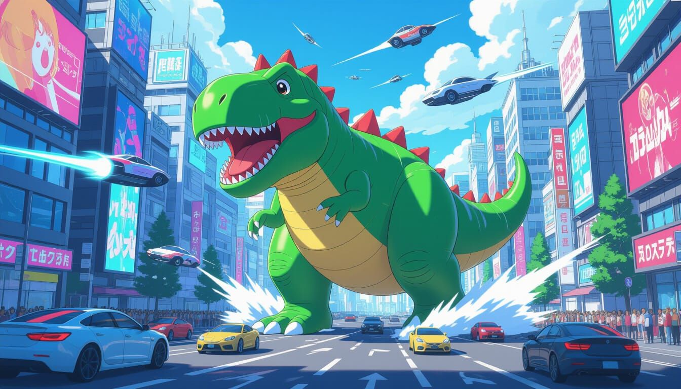 Inflatable T-Rex Rampage in Anime Cityscape