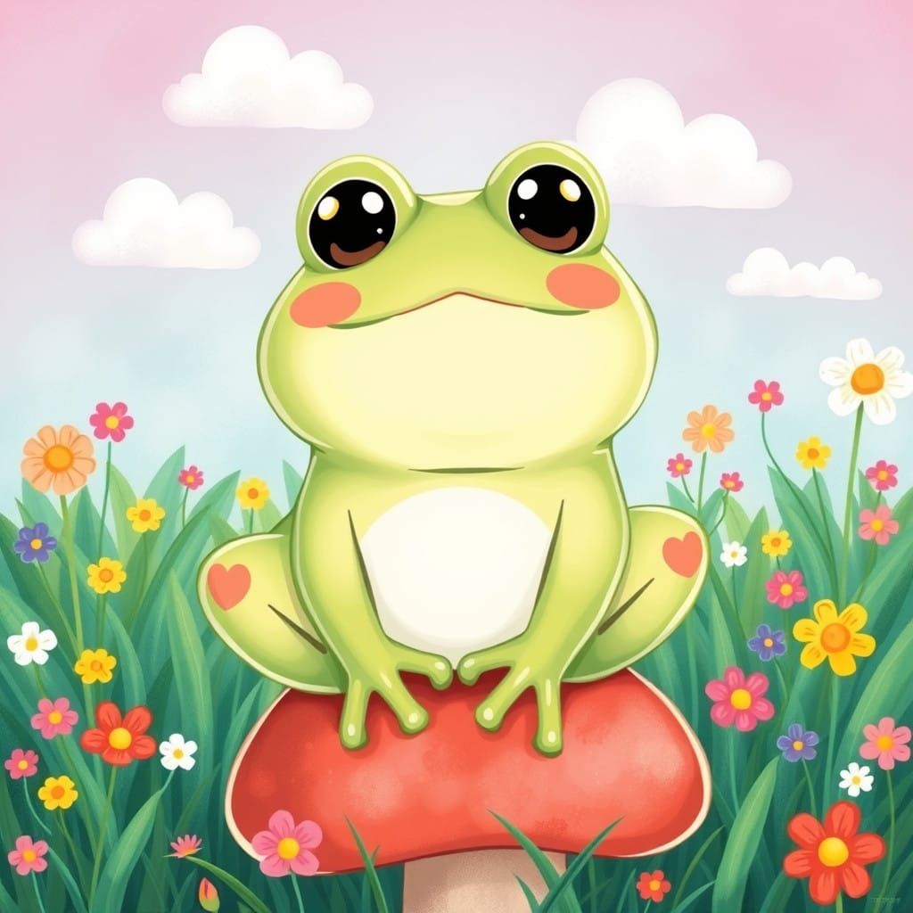 Kawaii Frog in Whimsical Meadow Scene