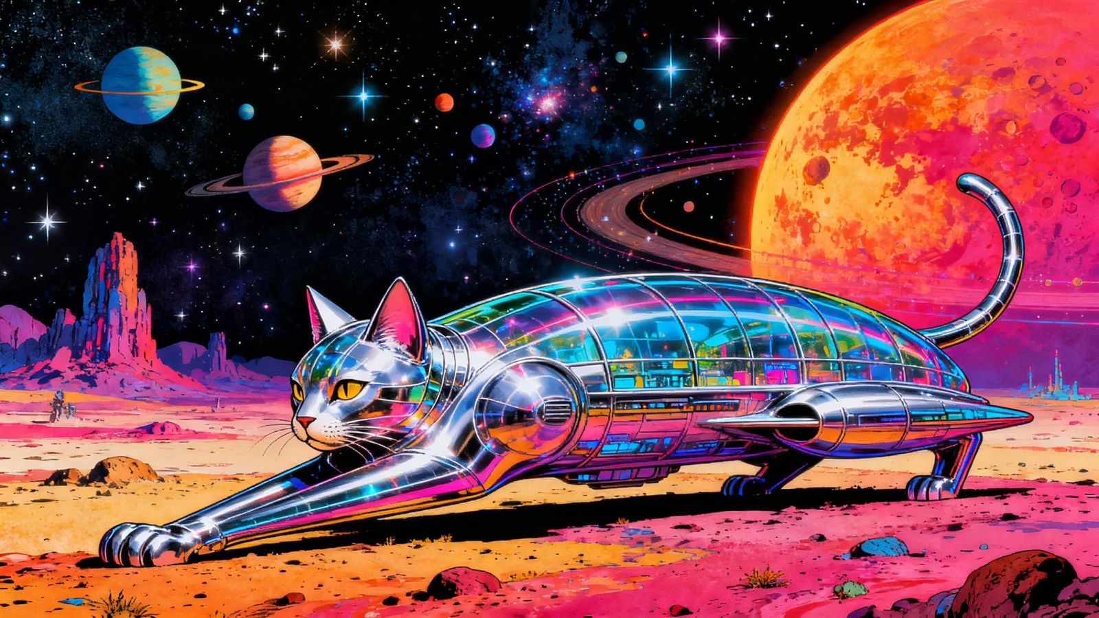 Cat Spaceship on Alien Planet in Neon Sci-Fi Style