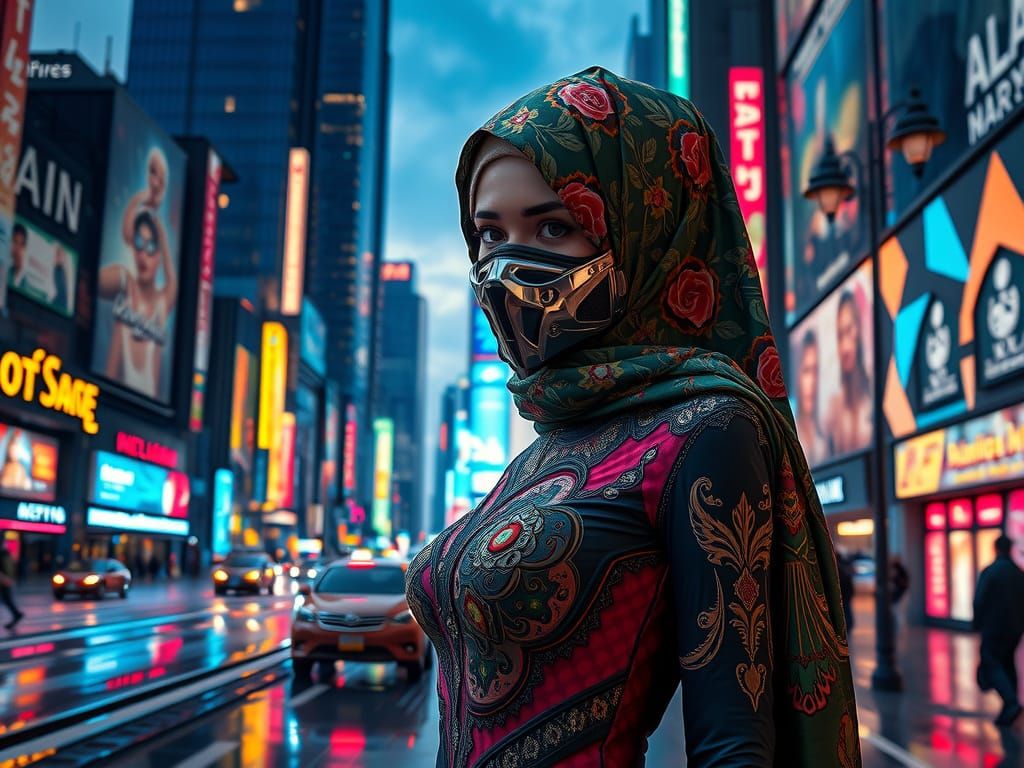 Futuristic Hijabi in Cyberpunk Cityscape