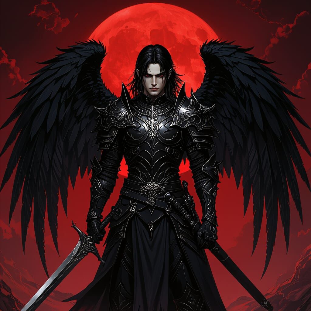 Gothic Warrior with Wings Under Red Moon