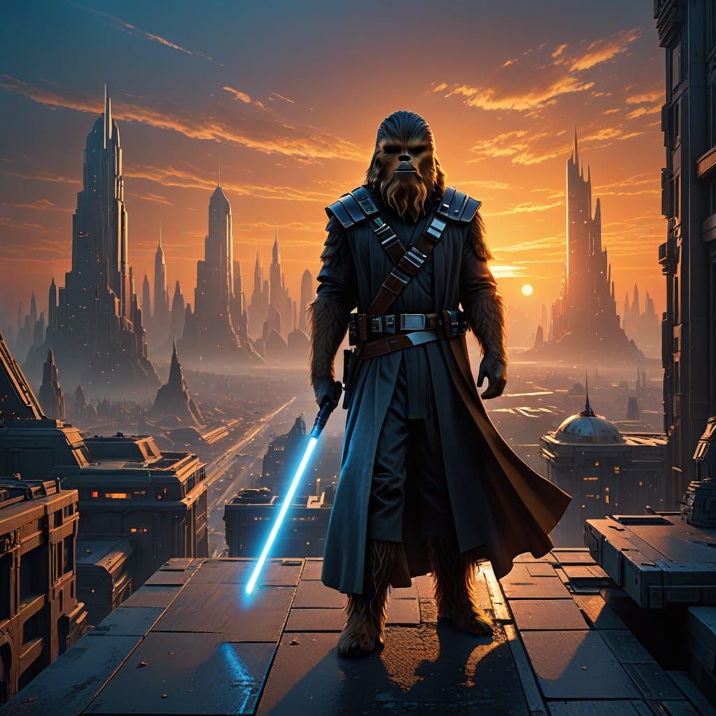 Wookiee Jedi on Coruscant Rooftop at Sunset
