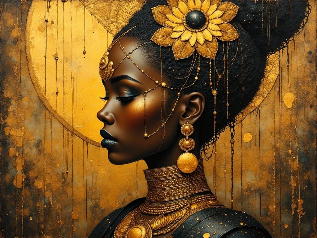 Nilotic Princess in Golden Adornments and Surreal Dreamscape