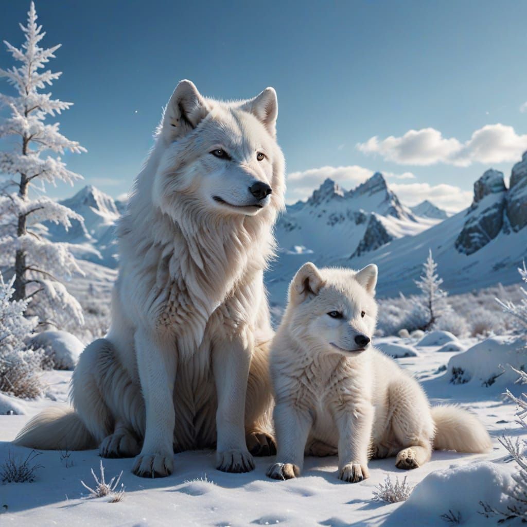 White Wolf Family Guards Pups in Snowy Tundra
