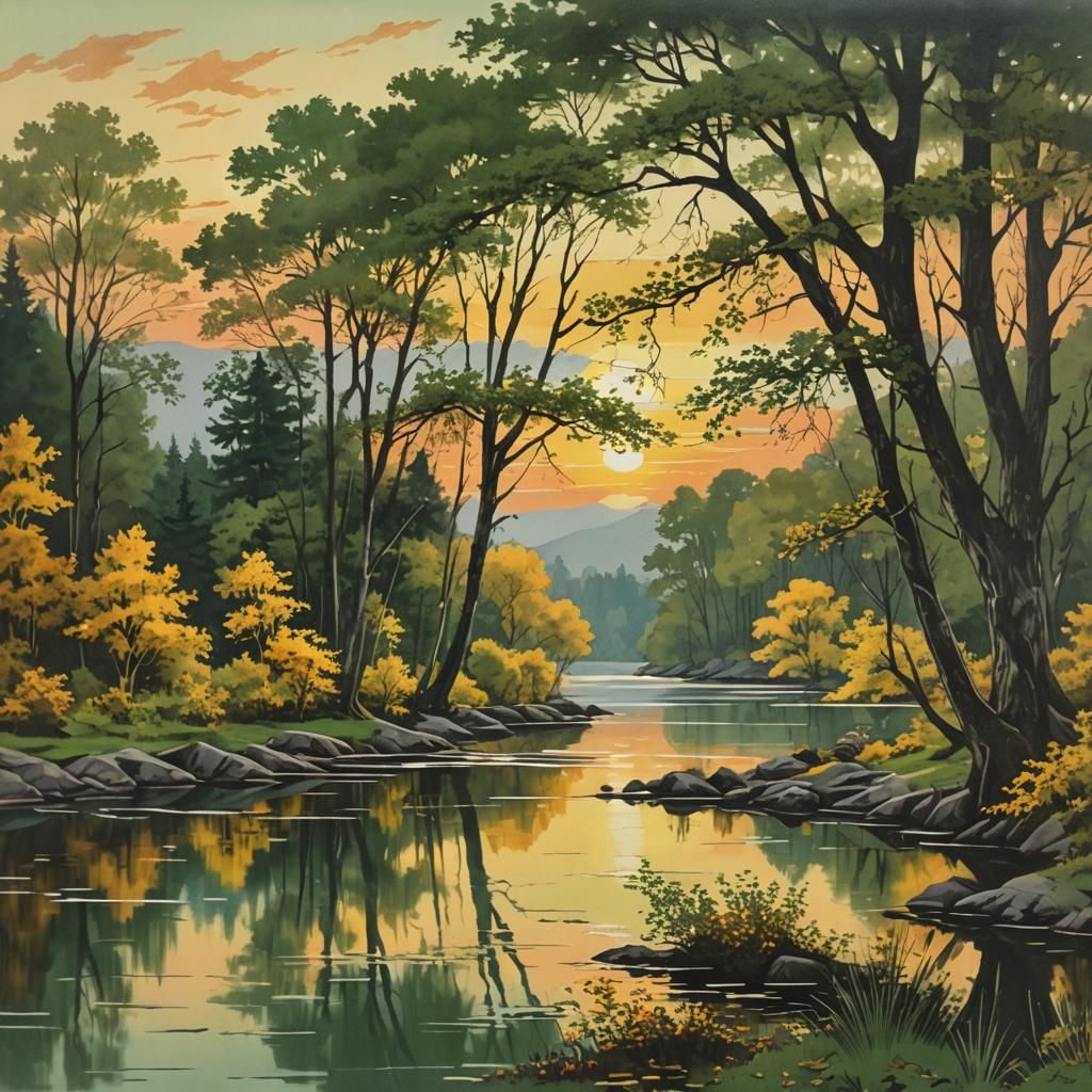 Sunset Lake in Vintage Oil Print Style