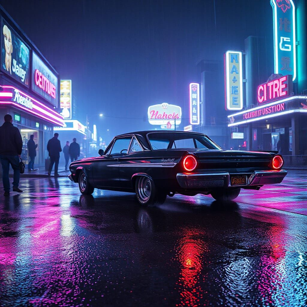 Cyberpunk Drag Racer Speeds Down Rainy City Street