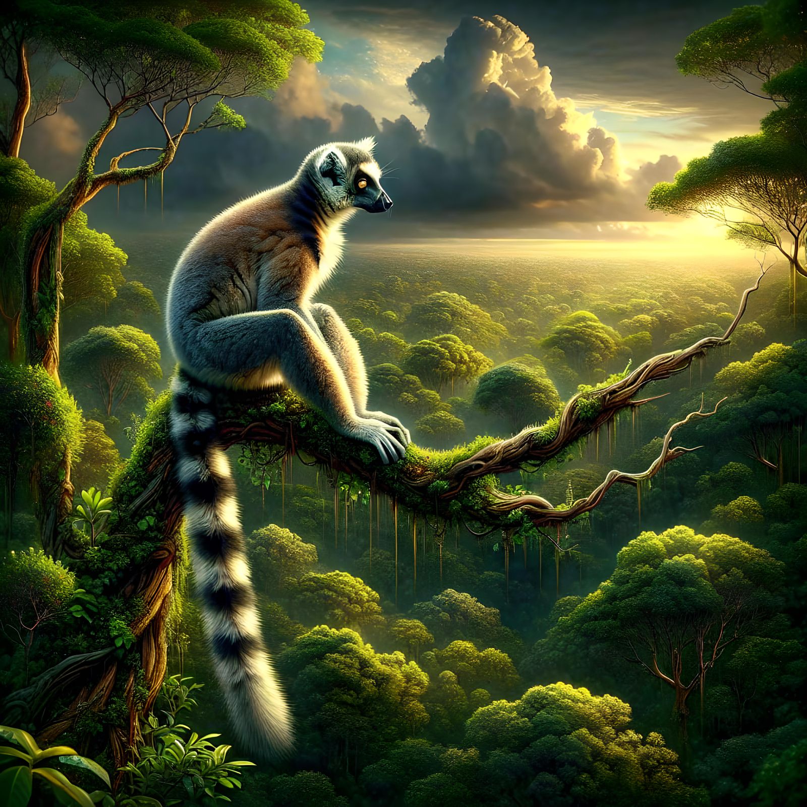 Ring-Tailed Lemur in Lush Jungle, Hyperrealistic Detail