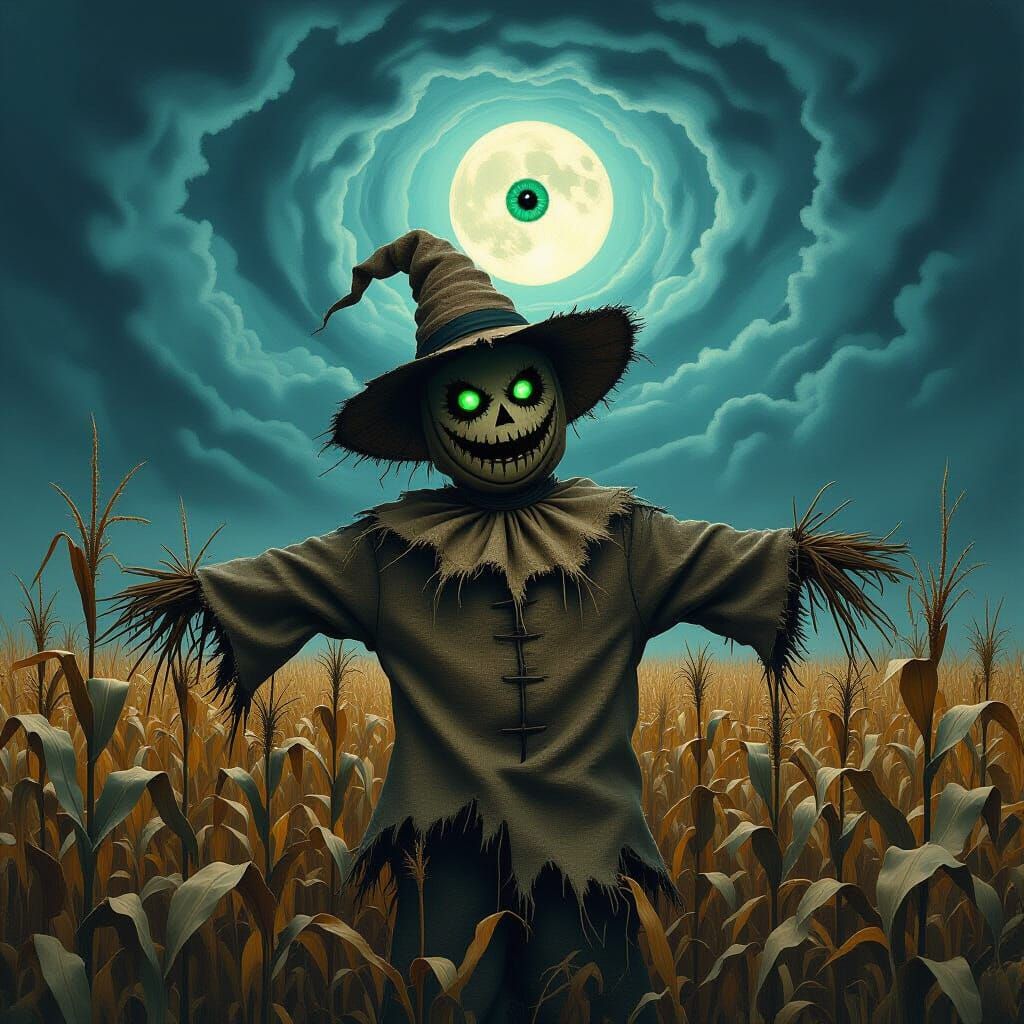 Scarecrow in Moonlit Field, Dark Folk Horror Style
