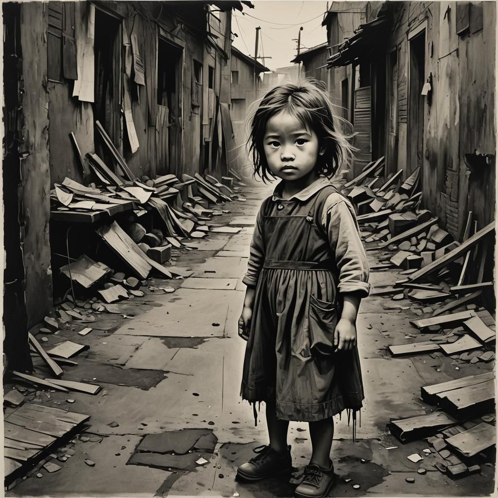 Poor child in a rundown town