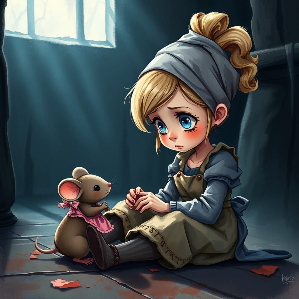 Whimsical Girl in Tattered Rags Surrounded by Fantasy