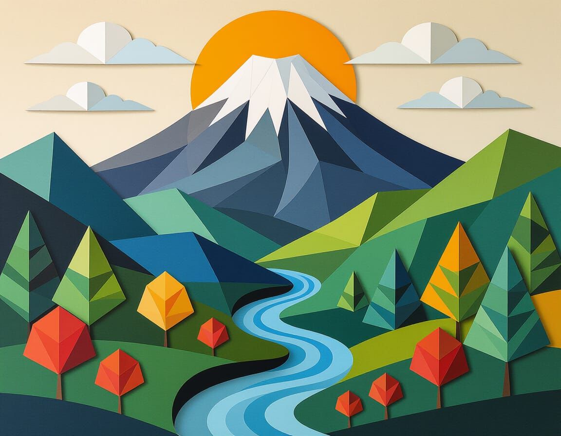 Metaphysical Landscape with Volcano and River in Sharp Focus