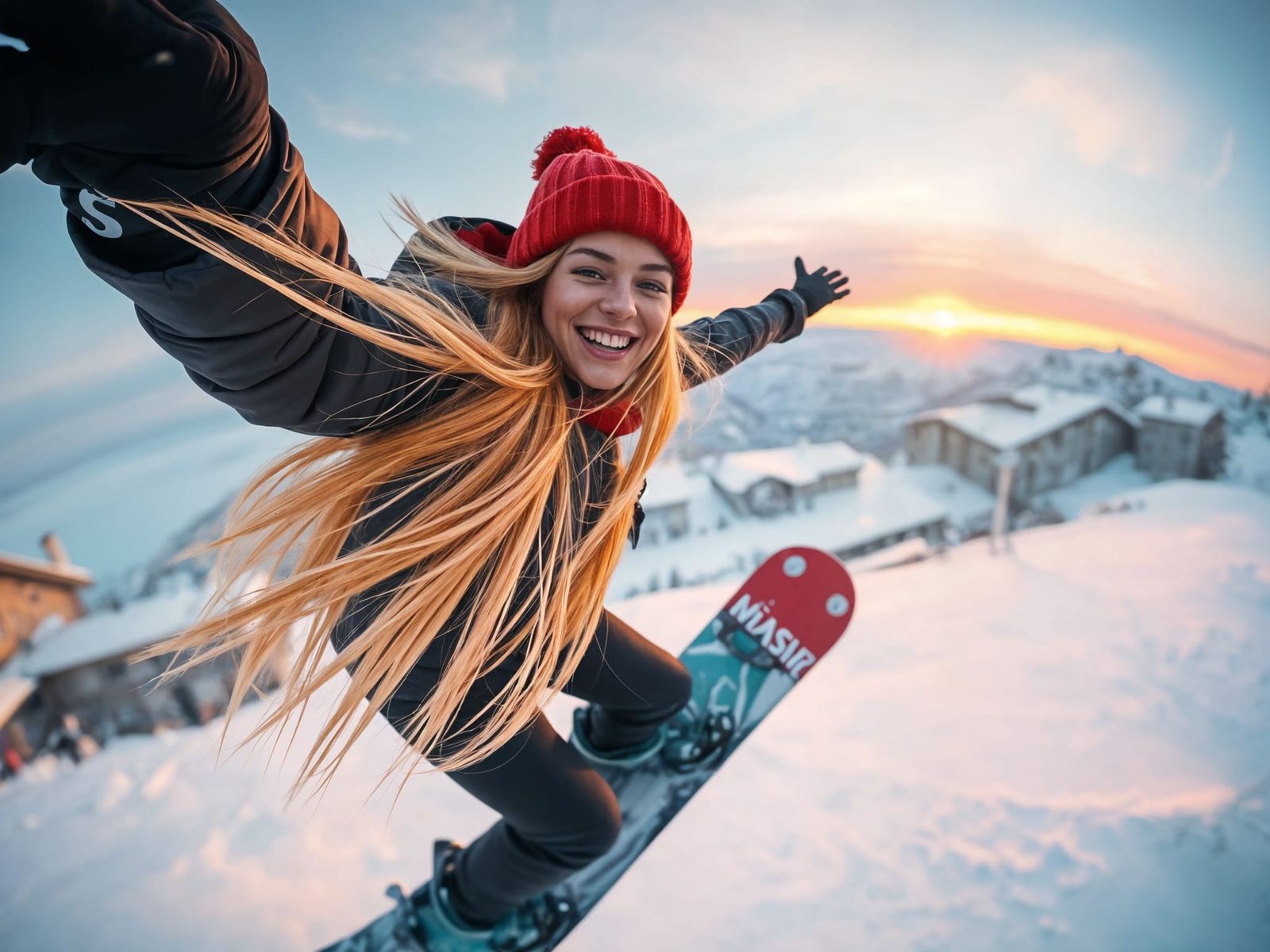 Snowboarder Jumps Over Snowy Peaks at Sunrise