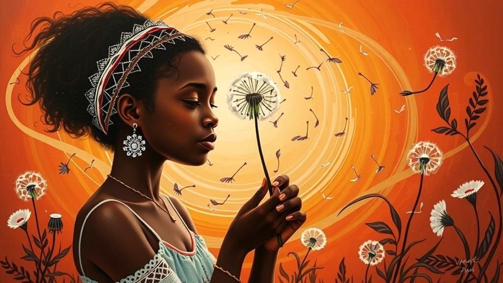 African Girl Blows Dandelion Seeds in Warli Painting Sunset