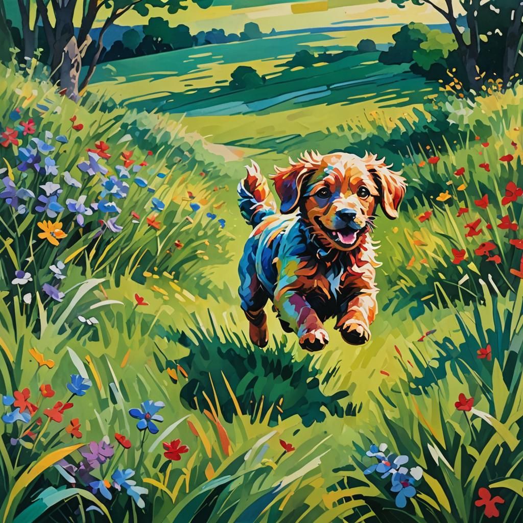 Rainbow Puppy in Lush Meadow: Impressionist Gouache