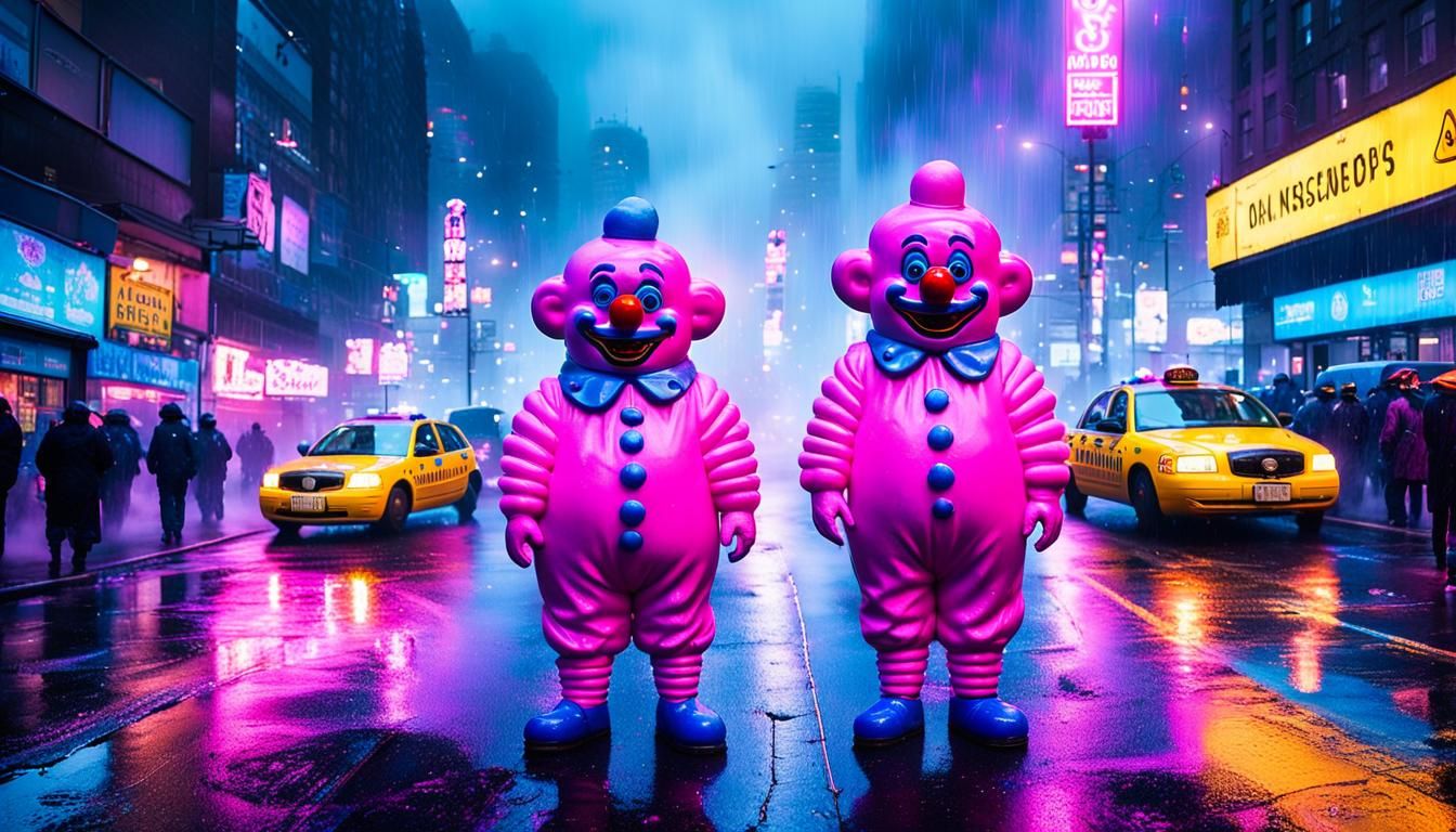 Mr. Blobby's Arrest: Cyberpunk Cityscape in Heavy Rain