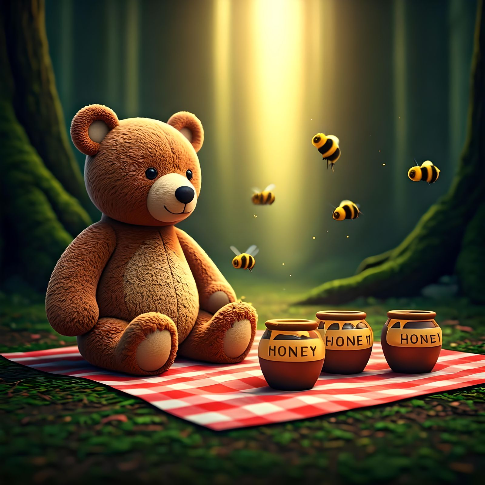 Teddy Bears' Picnic in Forest, 3D Digital Art
