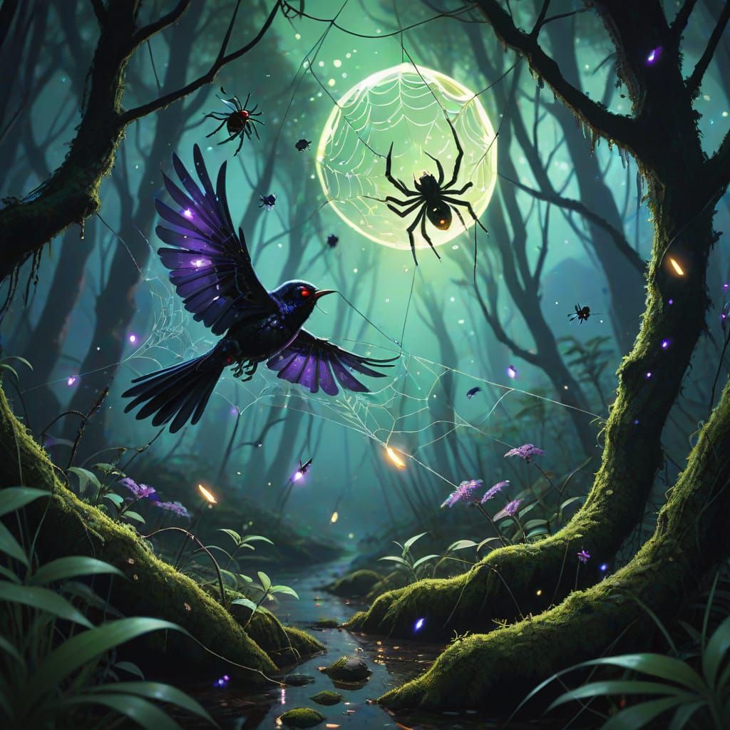 Eerie Night Bird in Spider Web: Hyperrealistic Concept Art