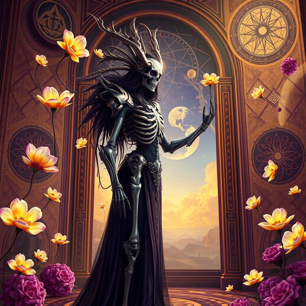Muse of Death in Futuristic Bone Armor Amidst Iridescent Blo...