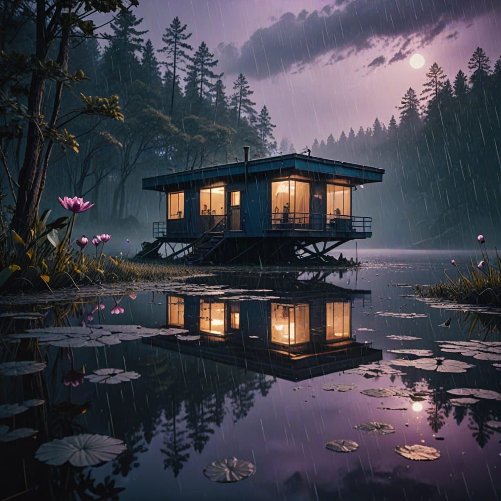 Mysterious Futuristic Retreat Amidst a Stormy Lake