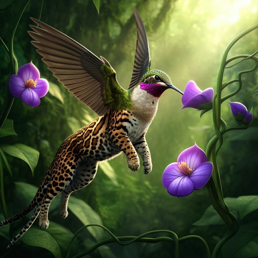 Hummingbird-Ocelot Griffin Soaring Through Jungle Vines