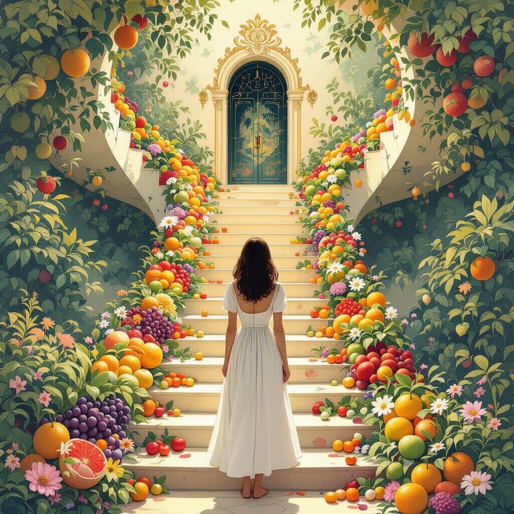 Escher-Style Staircase of Fruits and Flowers