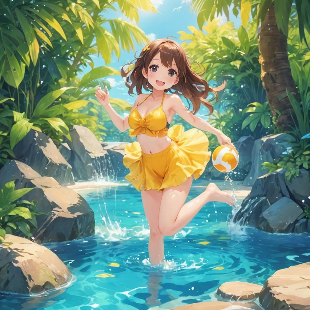 Anime Style Girl Wading in Pool