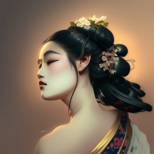 Geisha Portrait with Soft Pastels and Shadows