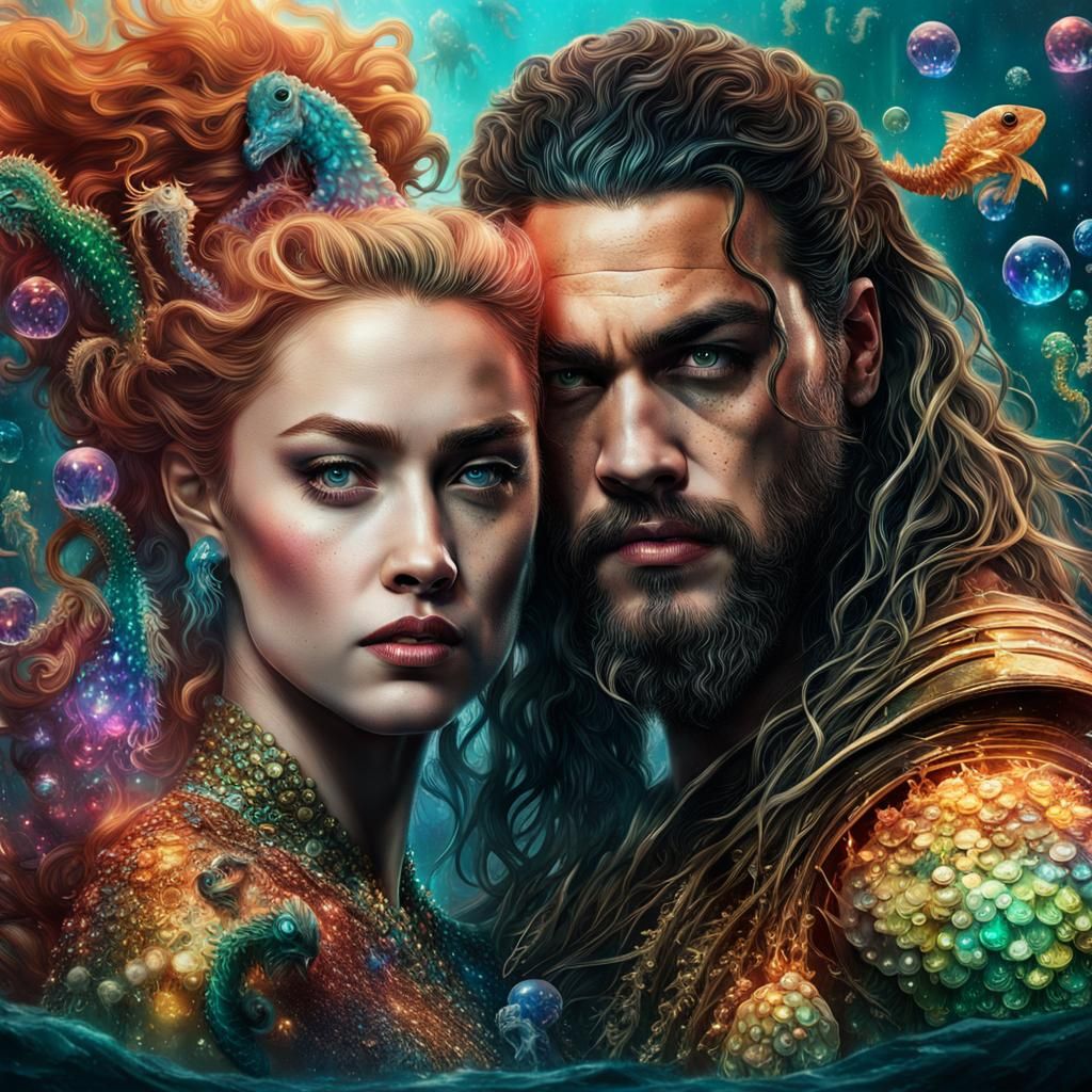 Aquaman and Mera Kiss in Galactic Oasis: Glitchcore Art