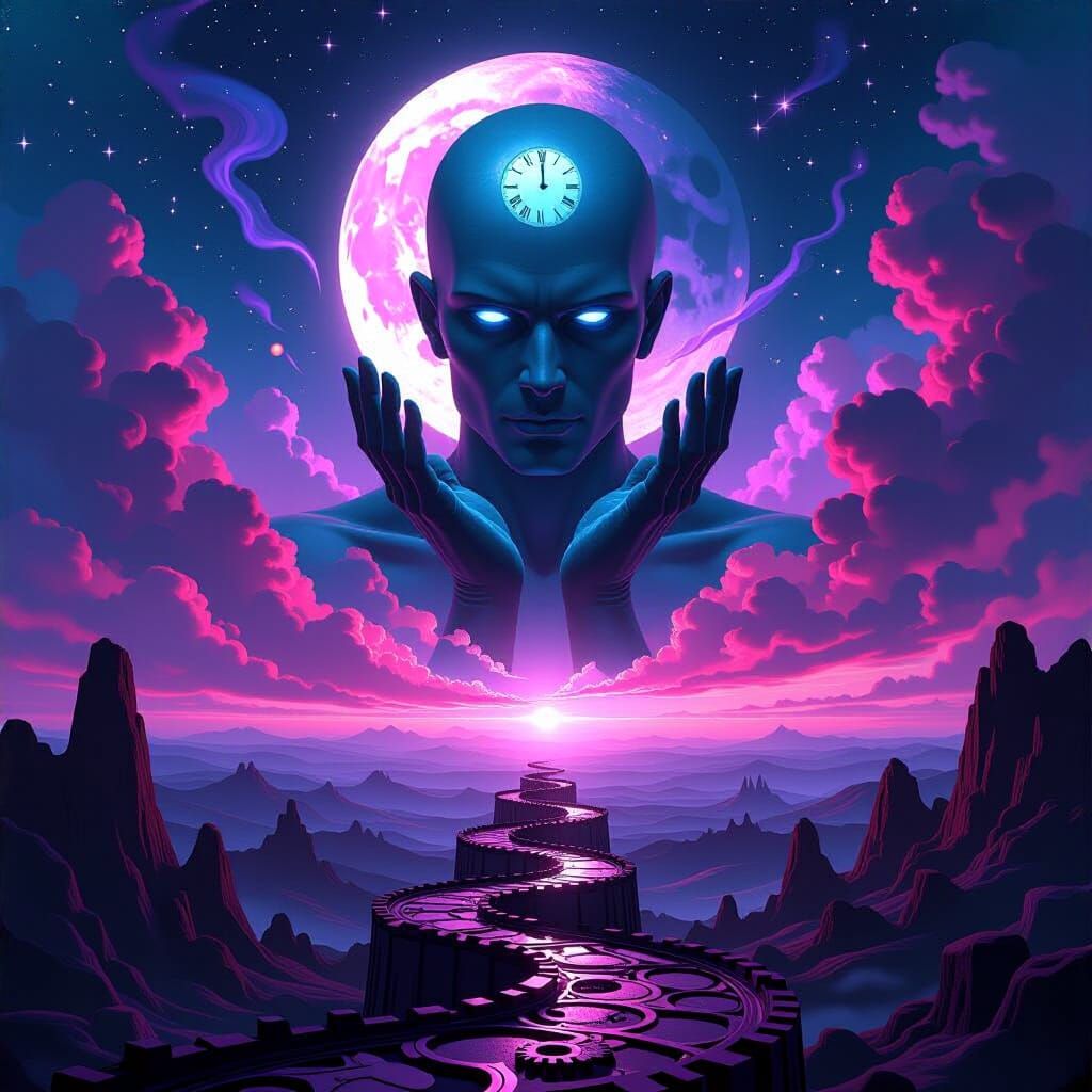 Cosmic Clockwork Landscape with Silver Man and Moon