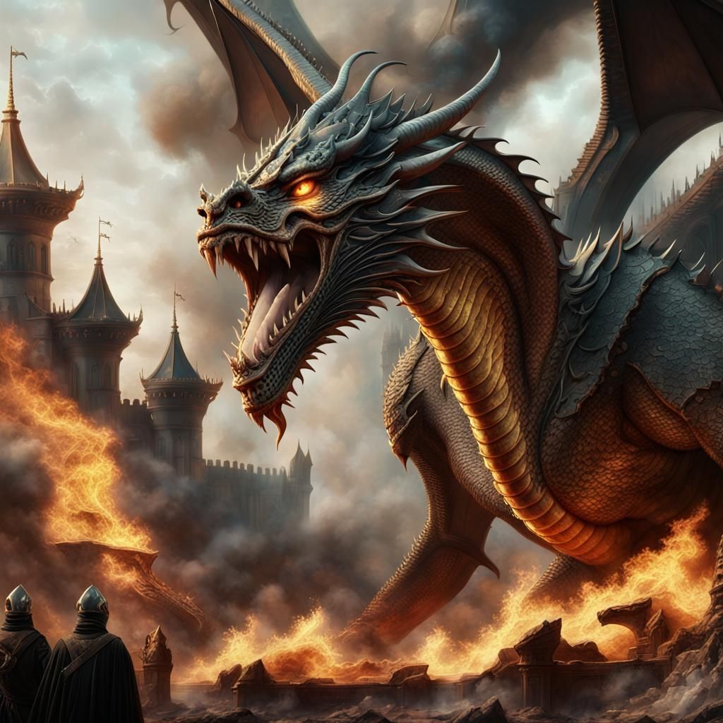 Dragon Roars Defiantly at Knights in Fiery Scene