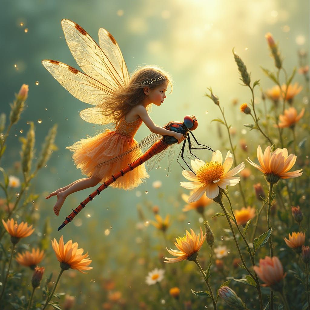 Fairy on Dragonfly Soaring Through Wildflower Meadow