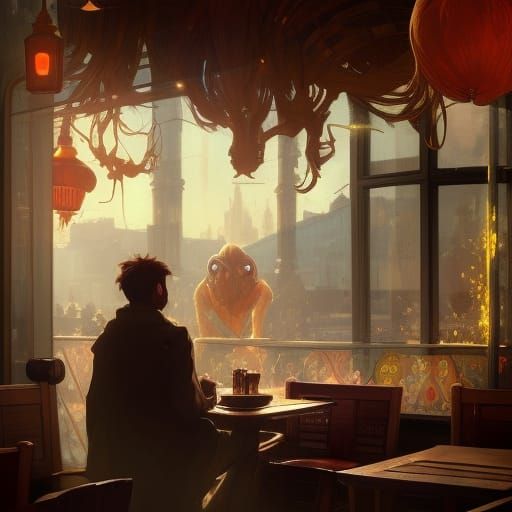 Monster and Human Meet in Café, Hyperdetailed Art