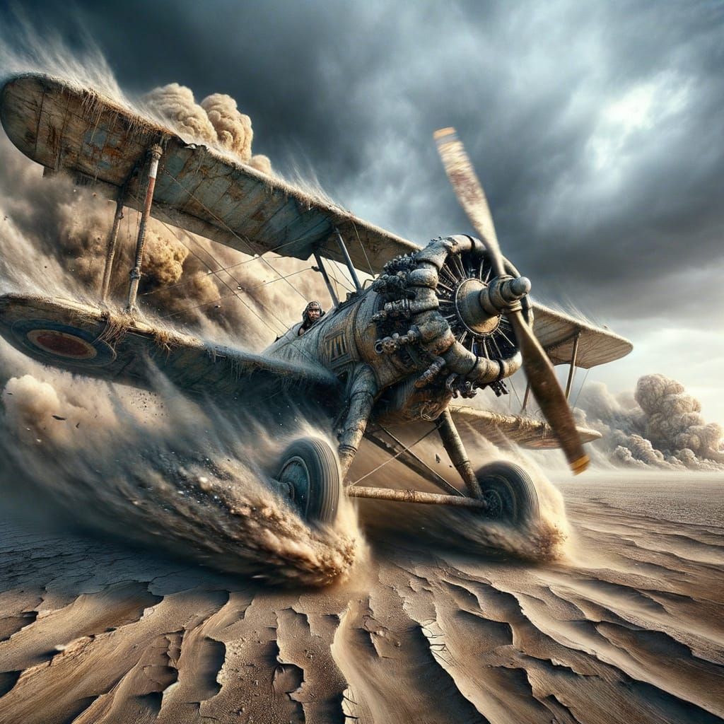 Dilapidated Biplane Charges Across the Desert