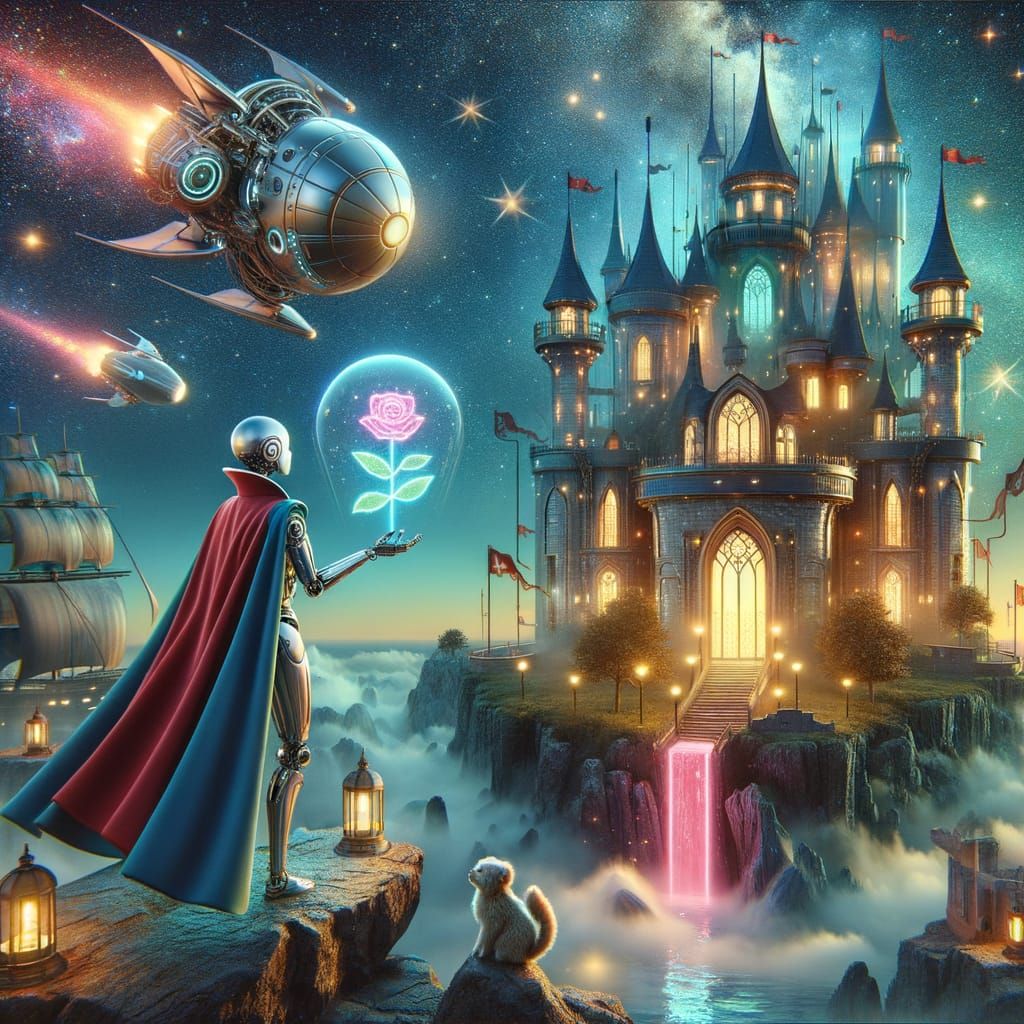 Futuristic Fairy Tale: Robot and Holographic Rose