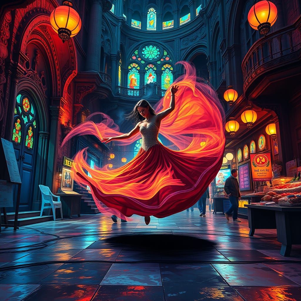 Surreal Dervish Dance in Vibrant, Neon-Lit Market Scene