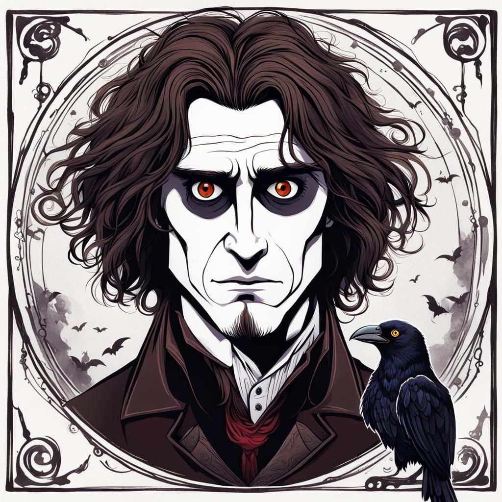 Man with Raven in Tim Burton Cartoon Style