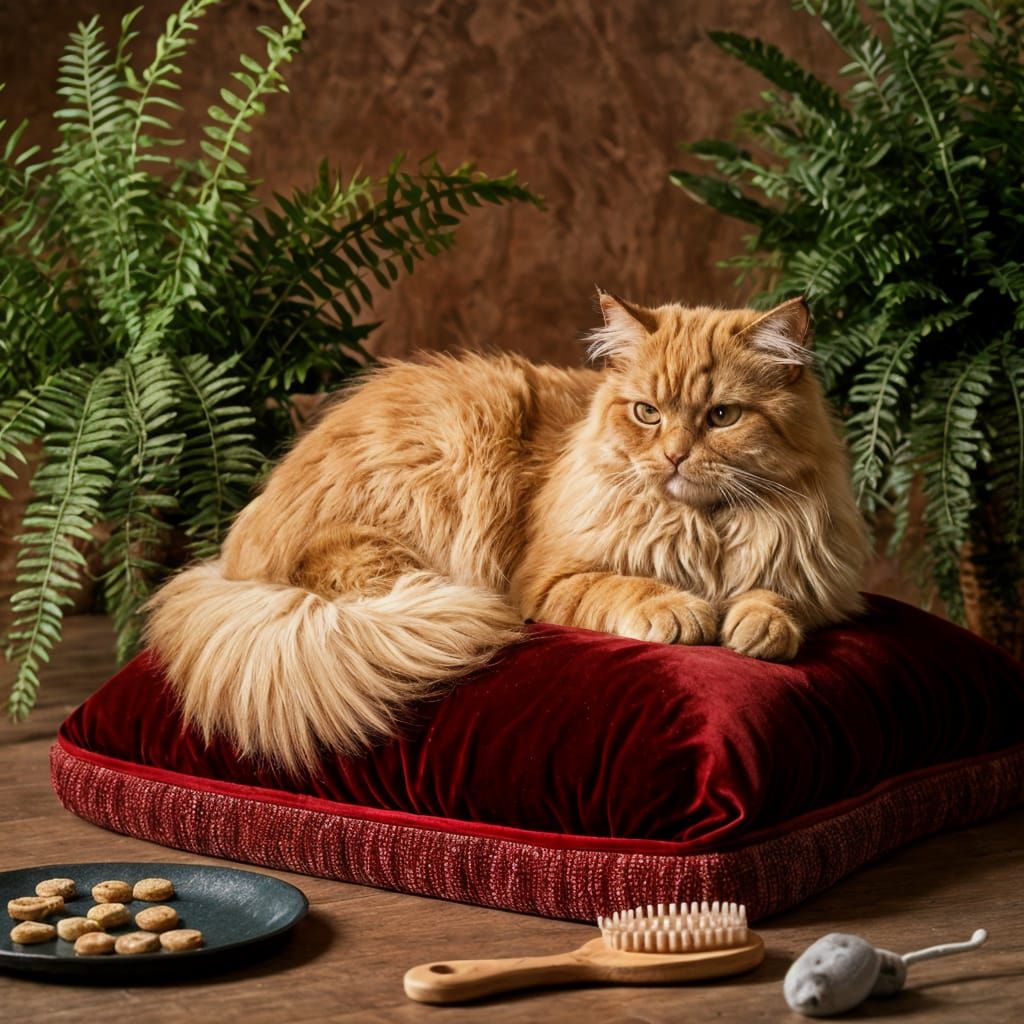 Ginger Persian Cat Reclines on Velvet Cushion