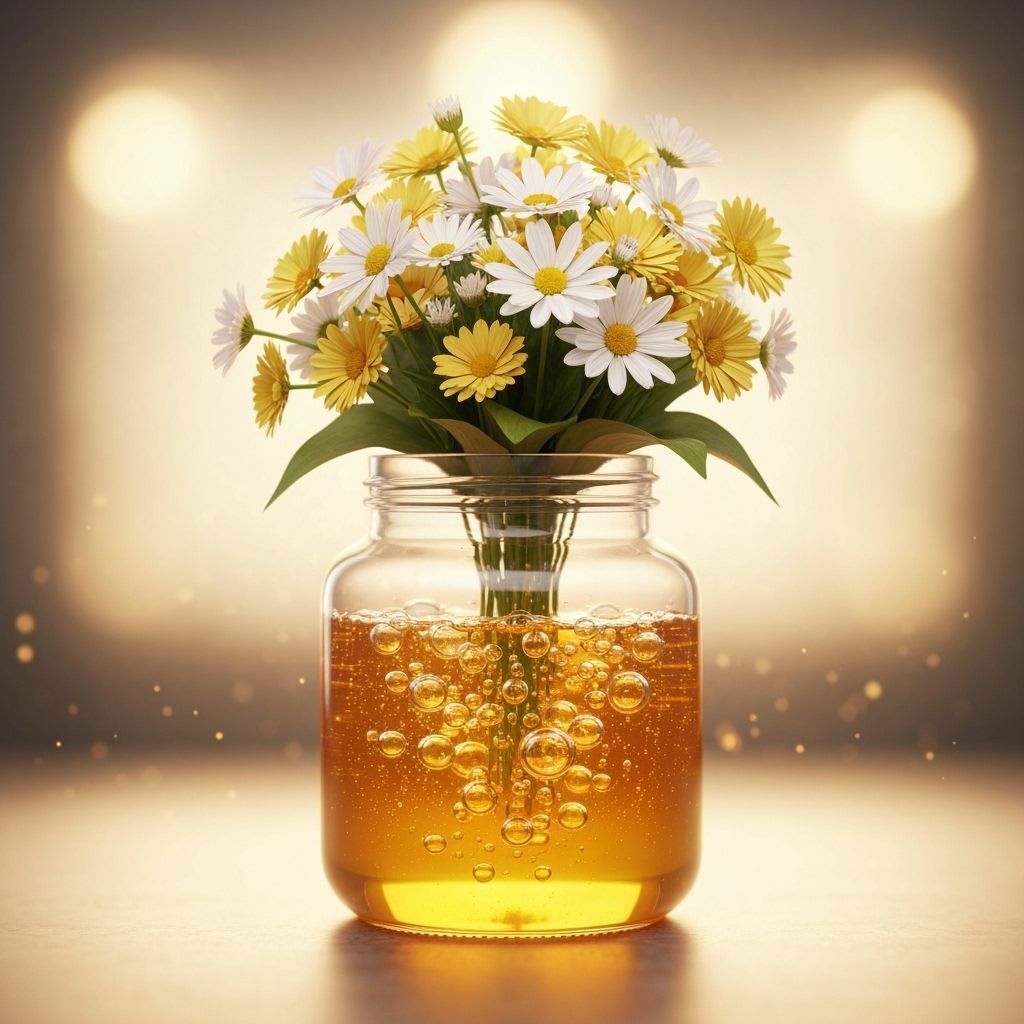 Photorealistic Honey Jar with Flowers and Golden Light