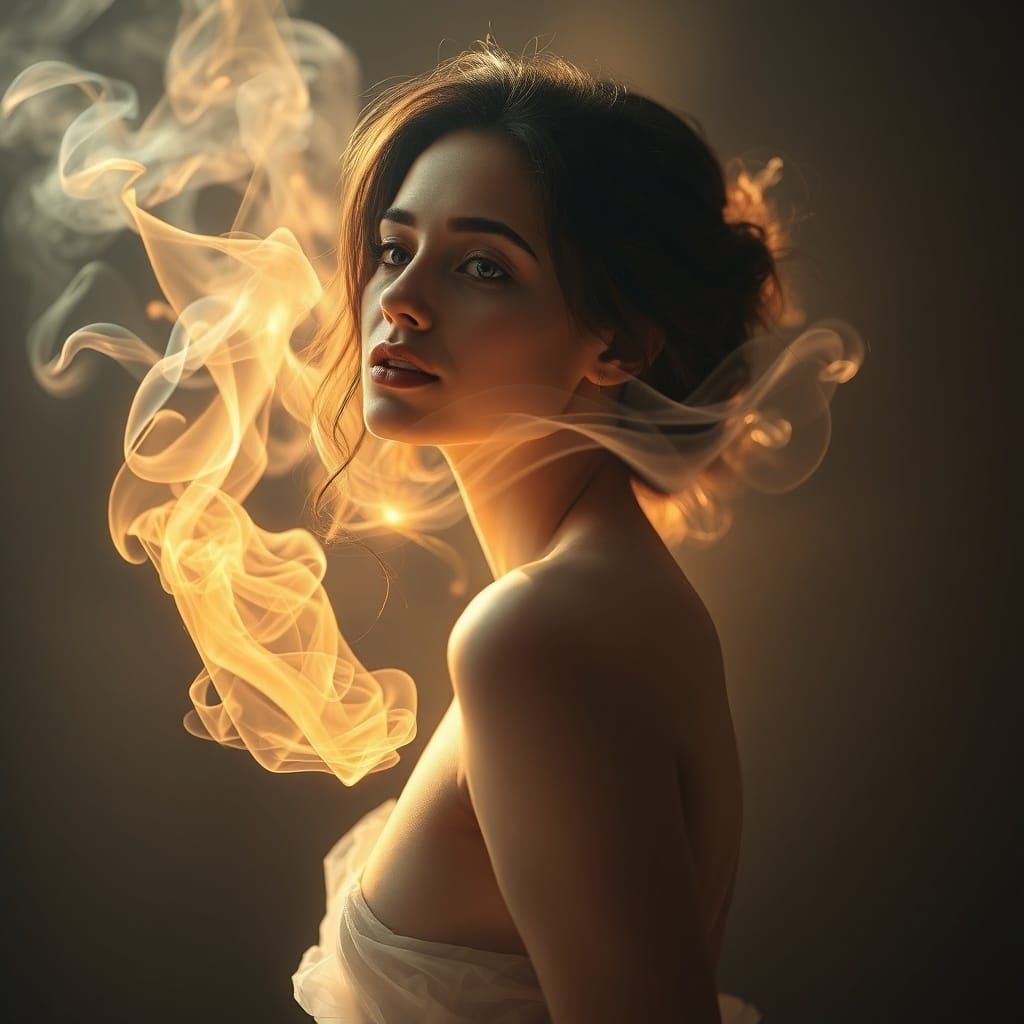 Ethereal Woman Formed From Swirling Smoke in Golden Light