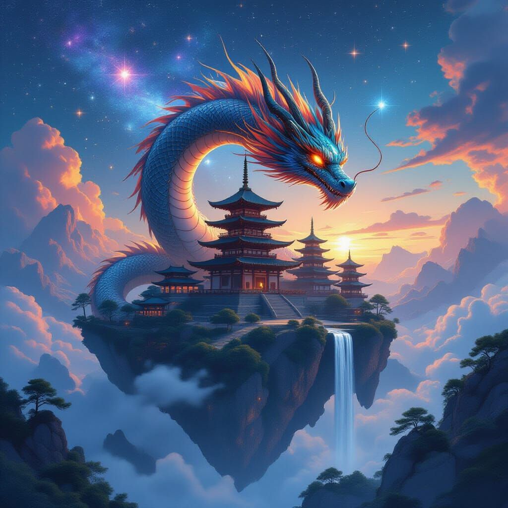 Celestial Dragon Coiled Around Floating Pagodas