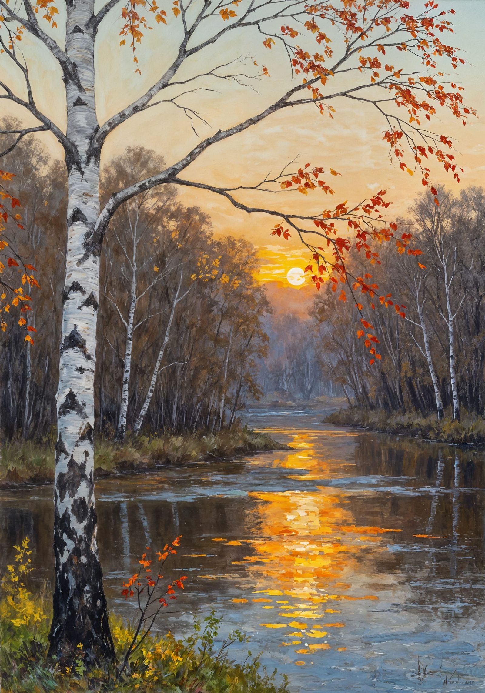 Impressionistic Autumn River Scene with Birch Tree