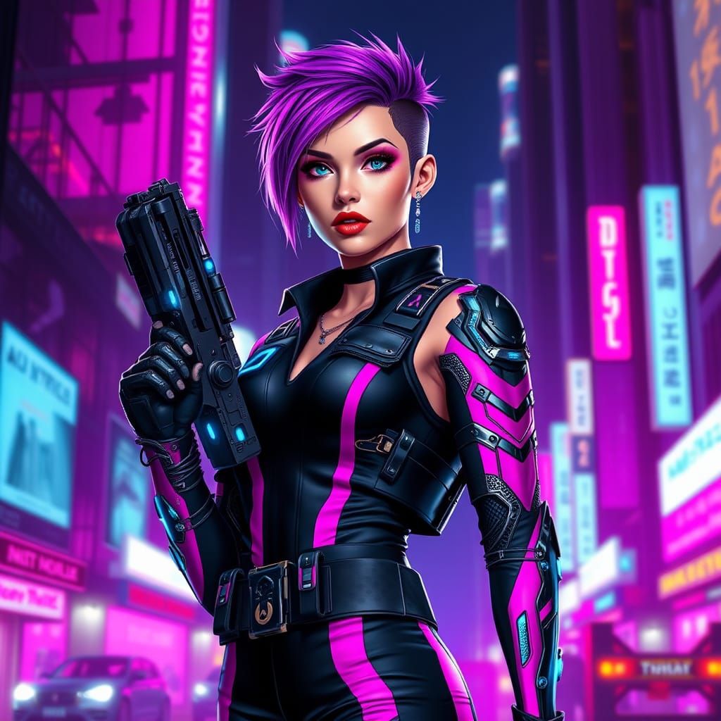 Cyberpunk Warrior with Purple Hair in Neon City