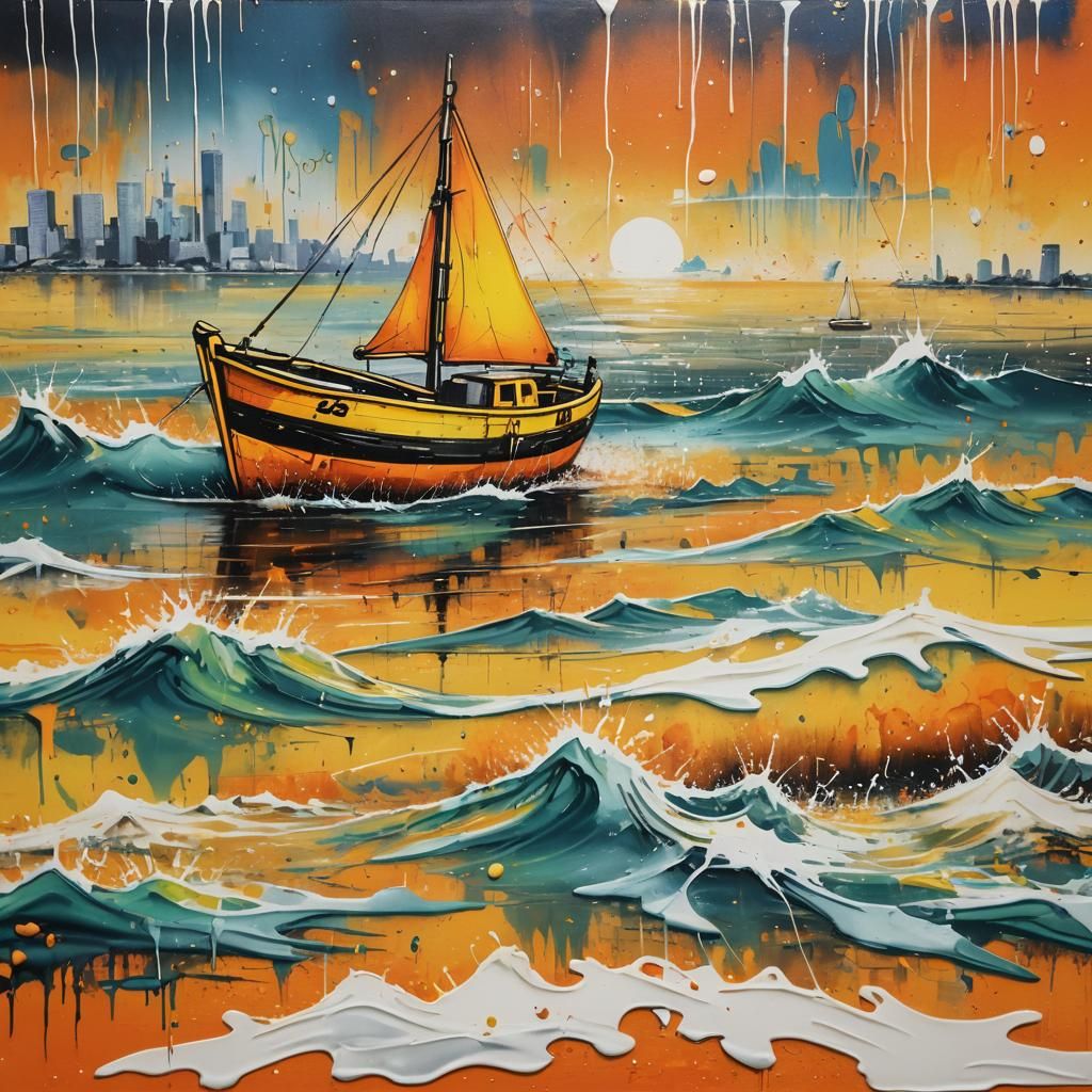 Yellow Boat Sails on Orange Sea: Graffiti Art