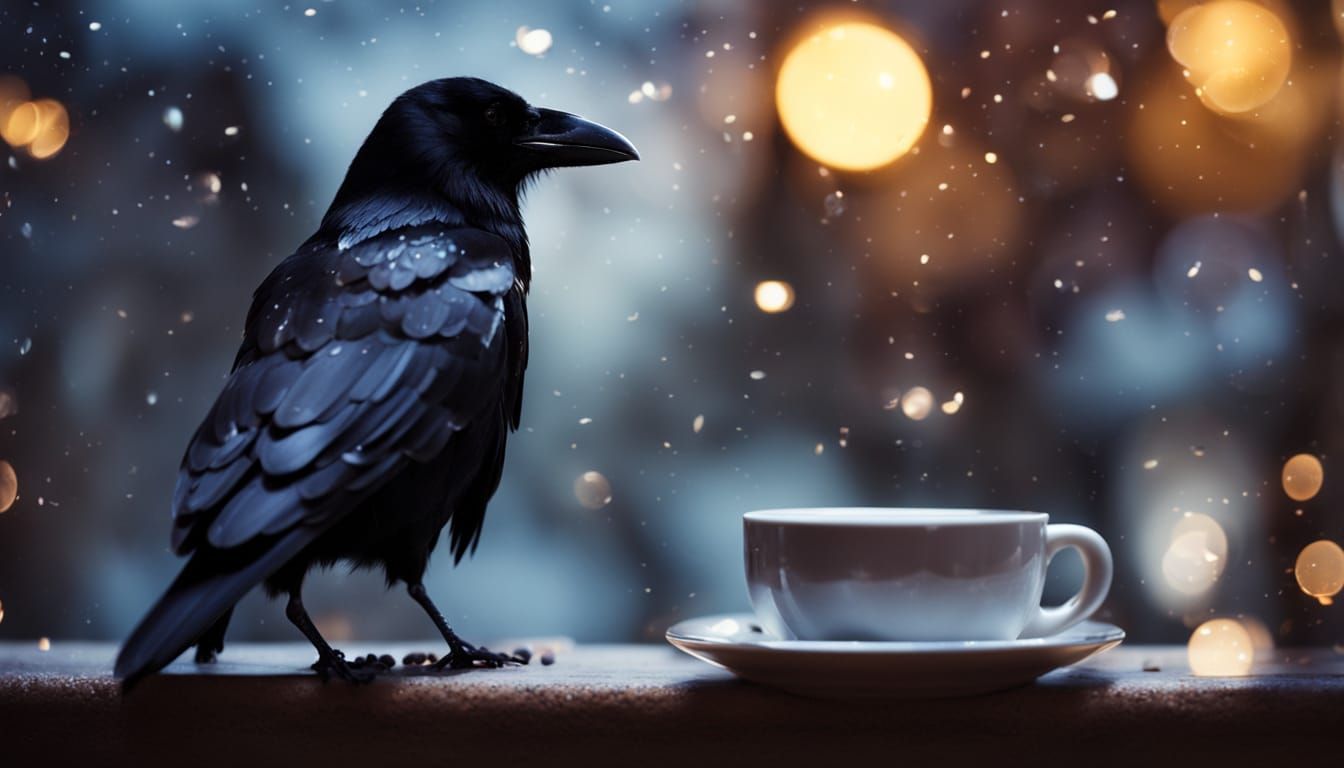 A Crow Sips Coffee Under Enchanted Fairy Lights