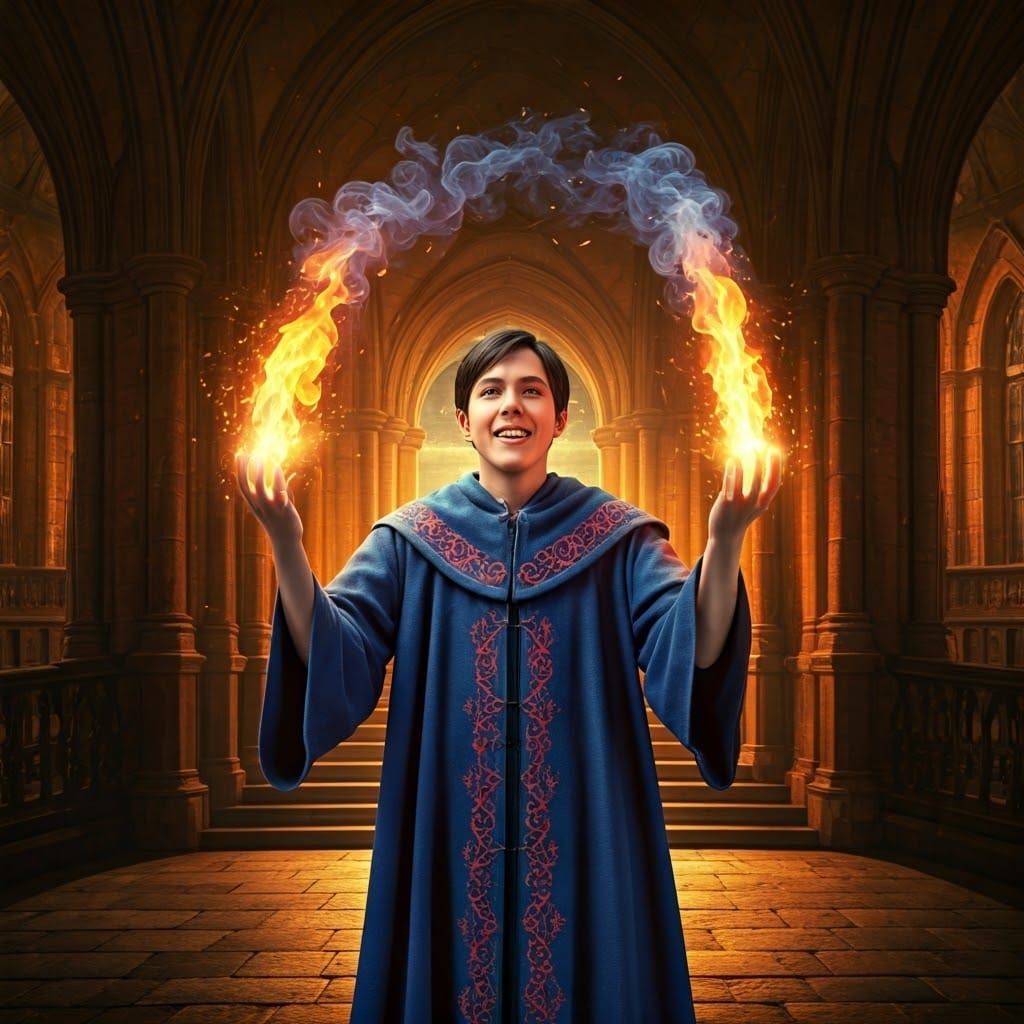 Young Magician Conjuring Flames in Renaissance Style