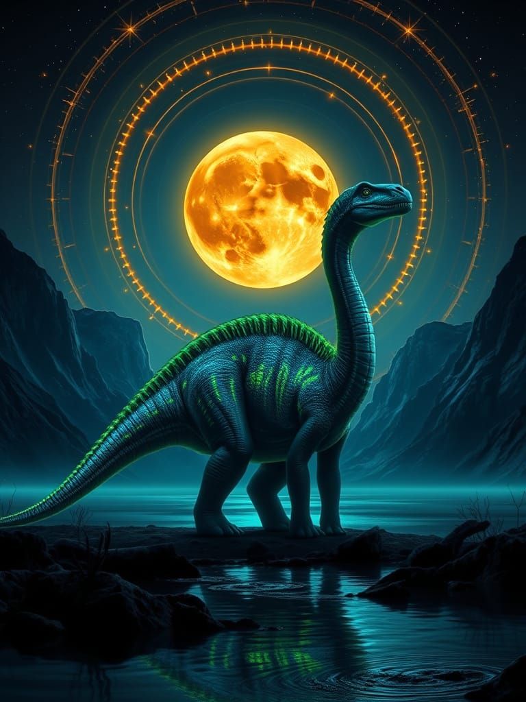 Neon Diplodocus with Emerald Kelp Fur and Golden Moon