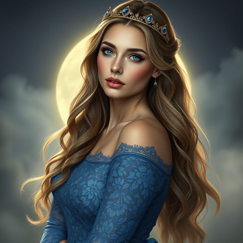 Goddess in Ethereal Blue Lace Dress with Sapphire Tiara